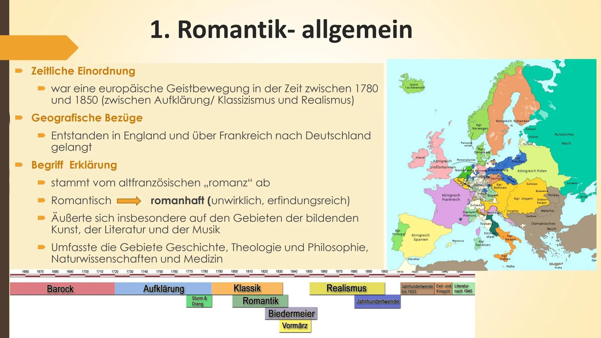 Begriff ,,Romantik":
Romantik
Zeitliche Einordnung: →von 1780 bis 1850 (zwischen Aufklärung/ Klassizismus und Realismus)
→ Bezug zum Mittela