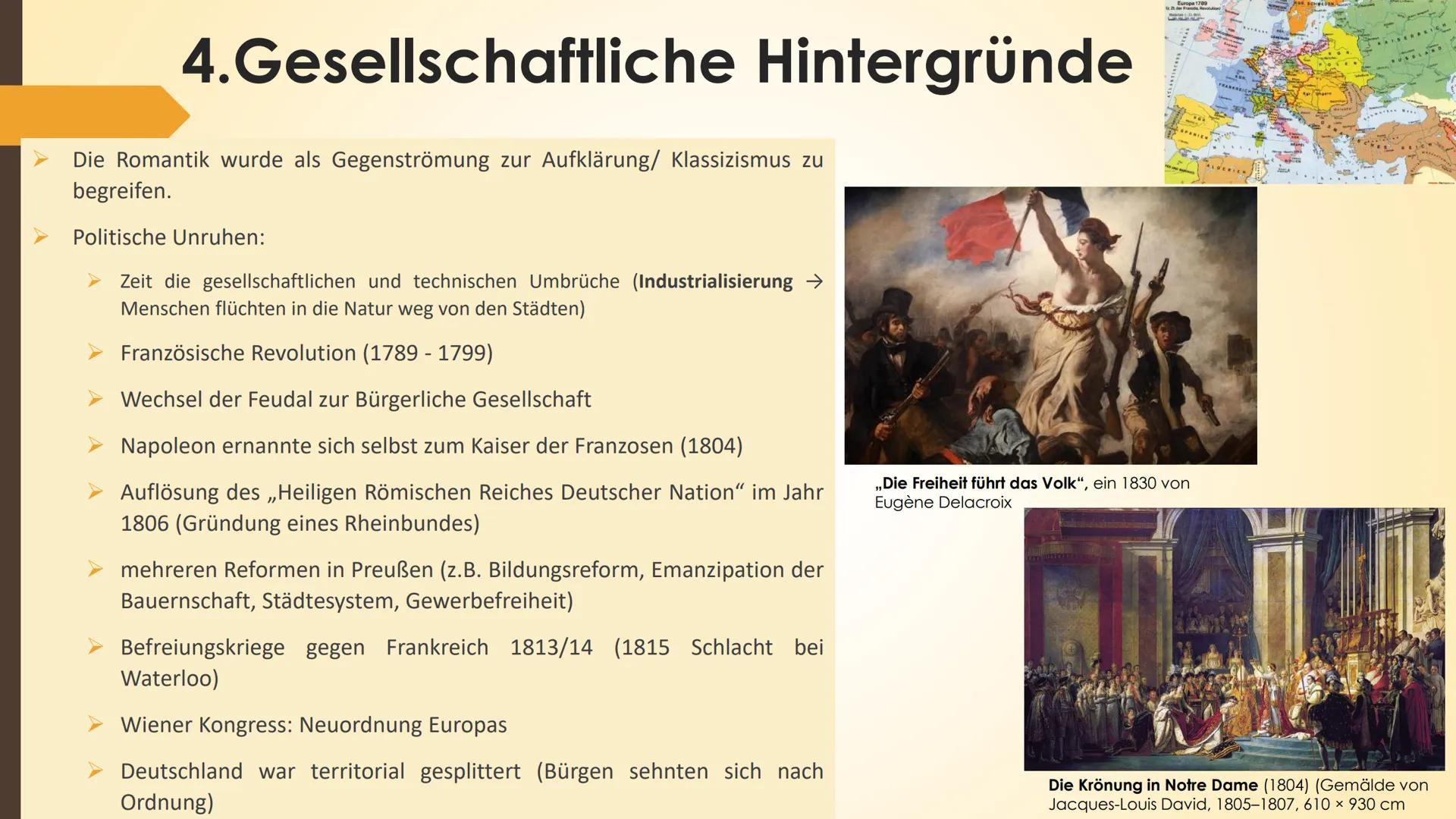 Begriff ,,Romantik":
Romantik
Zeitliche Einordnung: →von 1780 bis 1850 (zwischen Aufklärung/ Klassizismus und Realismus)
→ Bezug zum Mittela