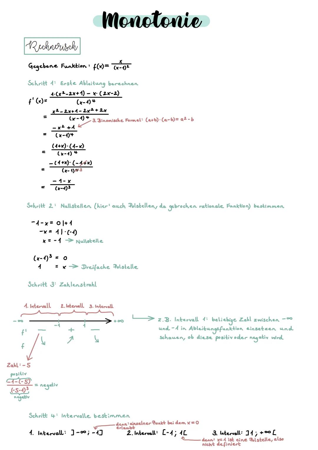 # Monotonie

Rechnerisch

Gegebene Funktion: f(x)= $\frac{x}{(x-1)^2}$

Schritt 1: Erste Ableitung berechnen

f'(x)=
$\frac{1\cdot(x^2-2x+1)