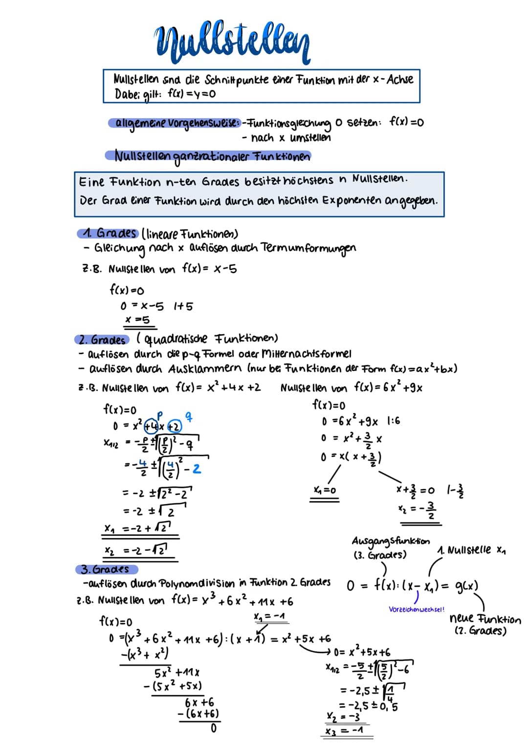 Nullstellen
Nullstellen sind die Schnittpunkte einer Funktion mit der x-Achse
Dabei gilt: f(x)=y=0
Callgemeine Vorgehensweise: -Funktionsgle