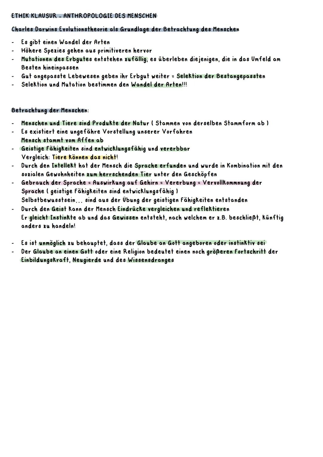 ETHIK KLAUSUR - ANTHROPOLOGIE DES MENSCHEN
Charles Darwins Evolutionstheorie als Grundlage der Betrachtung des Menschen
Es gibt einen Wandel