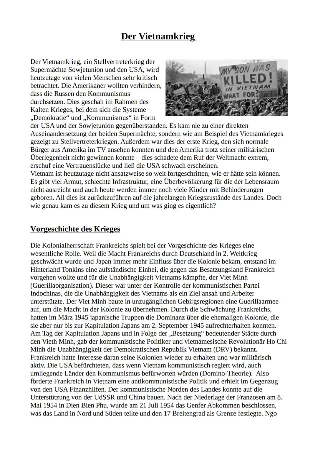 Der Vietnamkrieg
Der Vietnamkrieg, ein Stellvertreterkrieg der
Supermächte Sowjetunion und den USA, wird
heutzutage von vielen Menschen sehr