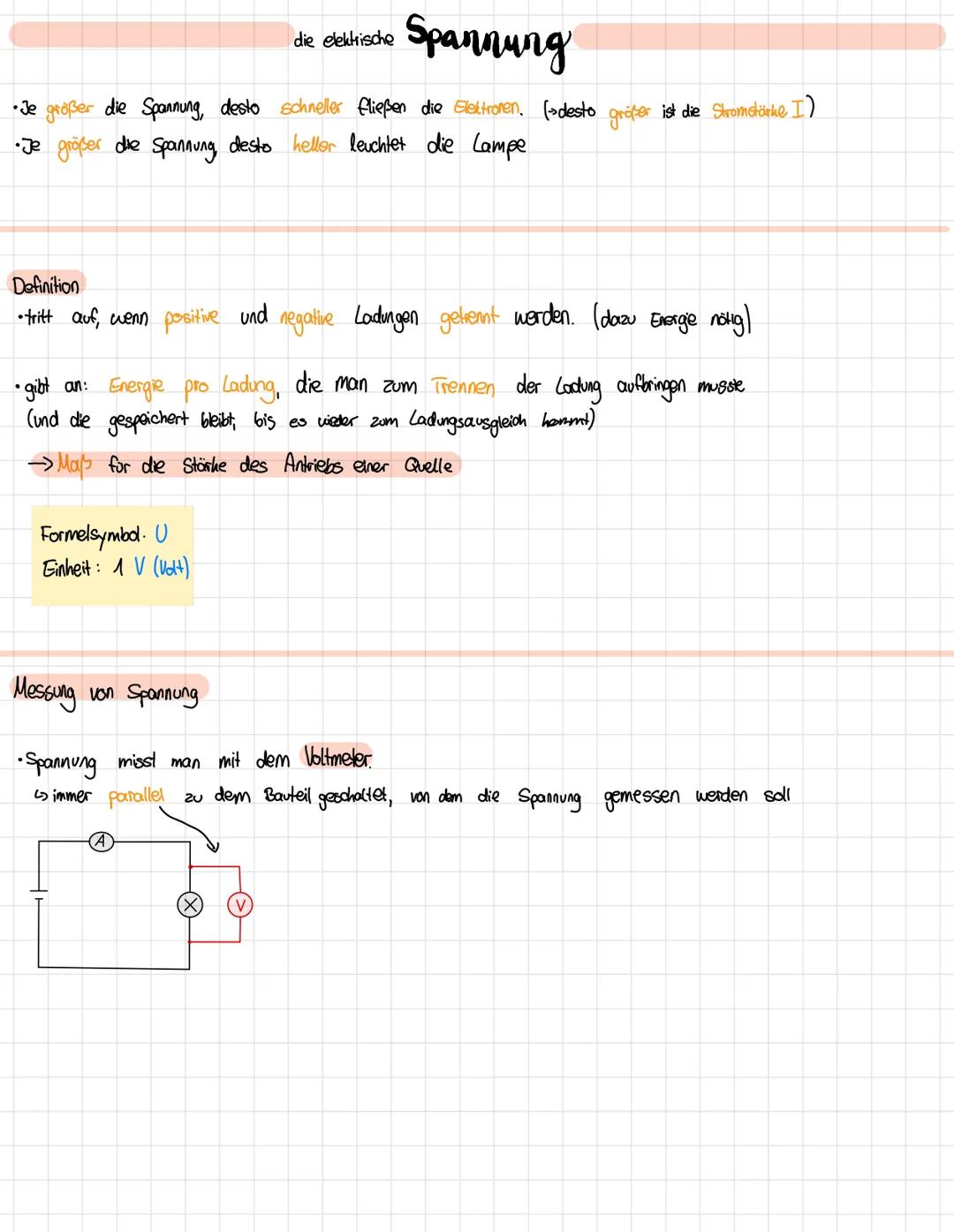 Spannung
• Je größer die Spannung, desto schneller fließen die Elektronen. (»desto größer ist die Stromstärke. I)
•Je größer die Spannung de