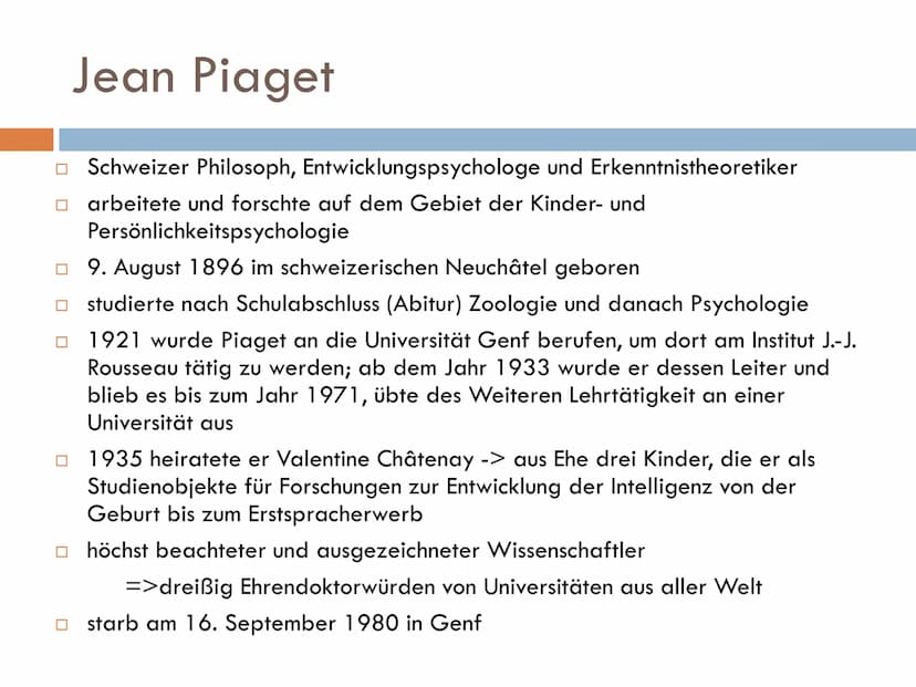 MODELL DER KOGNITIVEN
ENTWICKLUNG NACH JEAN
PIAGET Gliederung
1. Wer war Jean Piaget ?
2. 4 Stufen Modell der kognitiven
Entwicklung
3. Krit