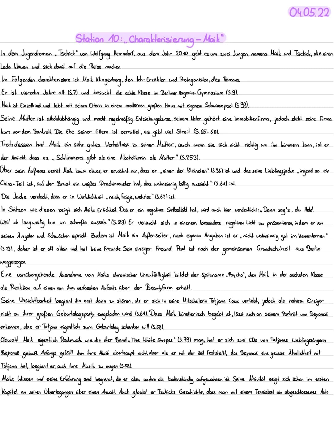 Station 10: Charakterisierung - Maik"
In dem Jugendroman , Tschick" von 1 Wolfgang Herrndorf, aus dem Jahr 2010, geht
Lada klauen und sich d