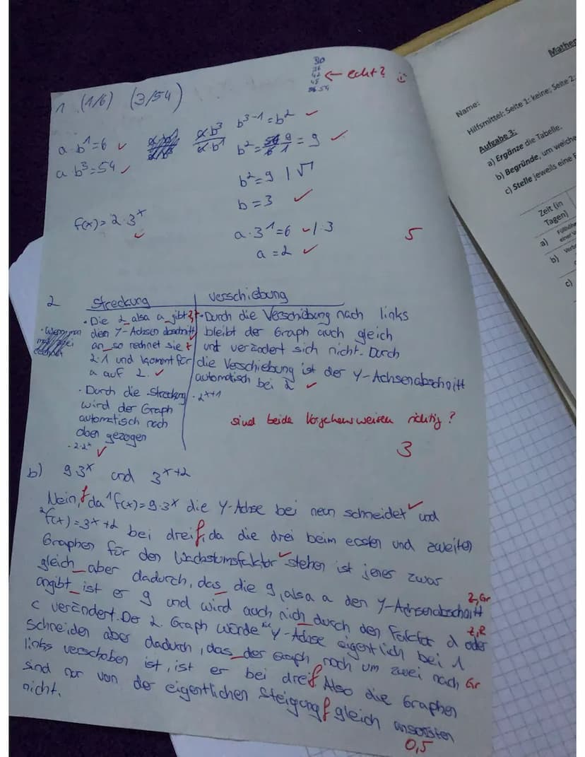 Hilfsmittel: Seite 1: keine; Seite 2: GTR
Aufgabe 1:
a) Der Graph der Exponentialfunktion mit f(x)=a-b* geht durch die Punkte P und Q. Besti