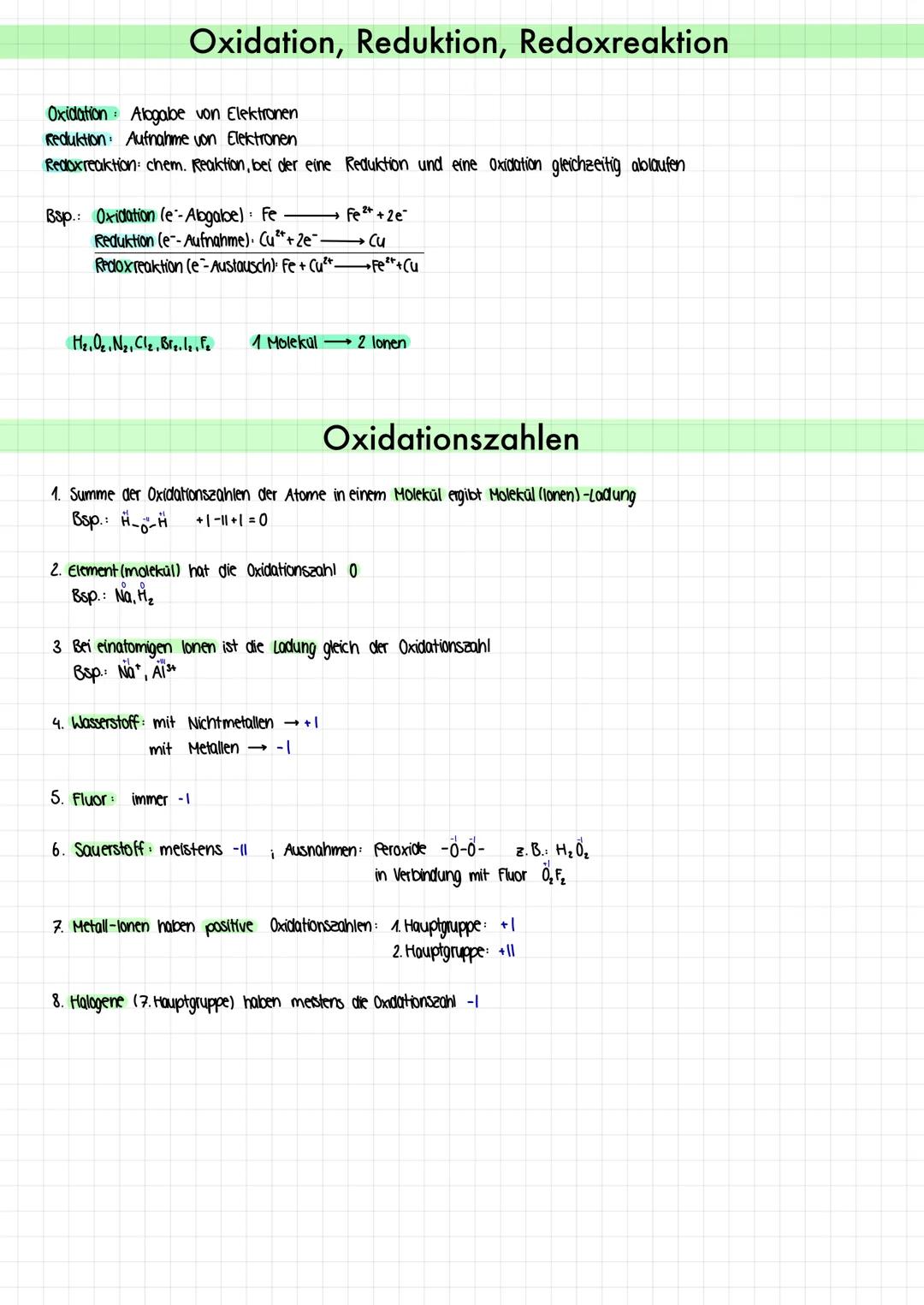 Oxidation, Reduktion, Redoxreaktion
Oxidation Alagabe von Elektronen
Reduktion Aufnahme von Elektronen
Redoxreaktion: chem. Reaktion, bei de