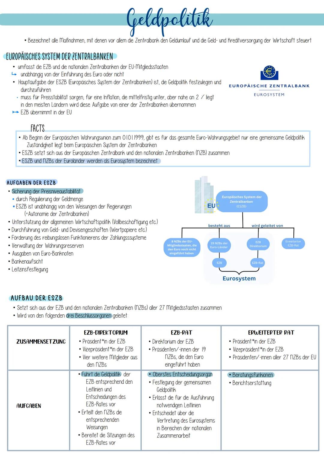 Geldpolitik

• Bezeichnet alle Maßnahmen, mit denen vor allem die Zentralbank den Geldumlauf und die Geld- und Kreditversorgung der Wirtscha