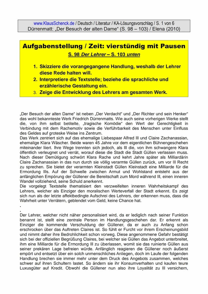 www.KlausSchenck.de / Deutsch / Literatur/KA-Lösungsvorschlag / S. 1 von 6
Dürrenmatt: ,,Der Besuch der alten Dame" (S. 98 – 103) / Elena (2