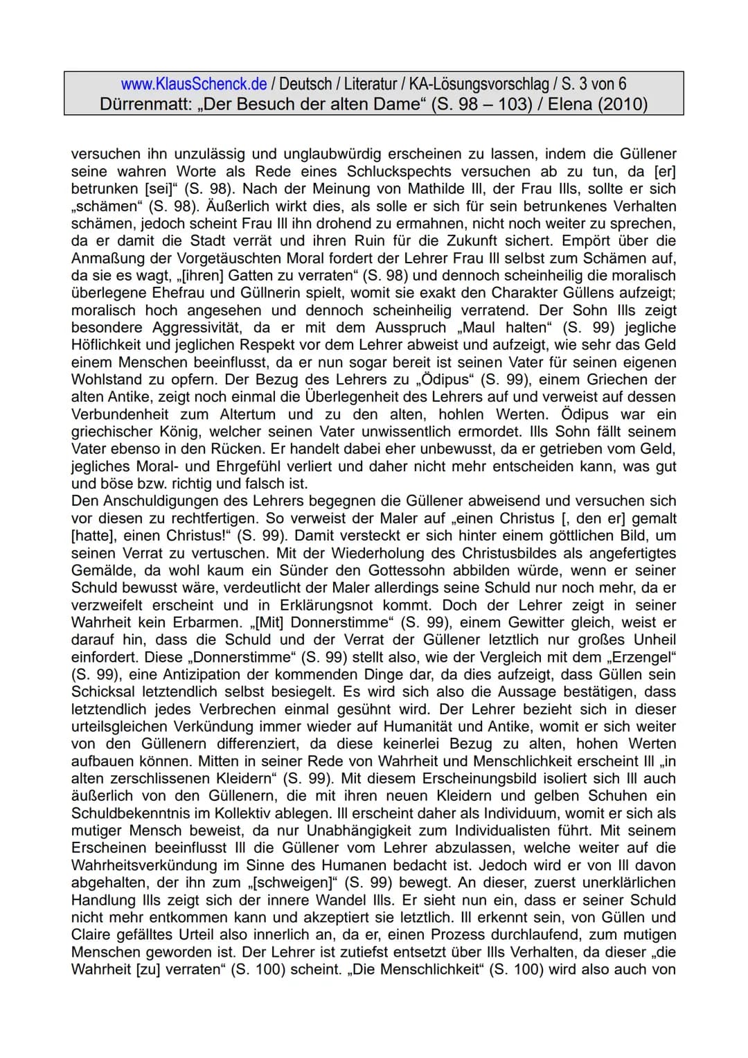 www.KlausSchenck.de / Deutsch / Literatur/KA-Lösungsvorschlag / S. 1 von 6
Dürrenmatt: ,,Der Besuch der alten Dame" (S. 98 – 103) / Elena (2