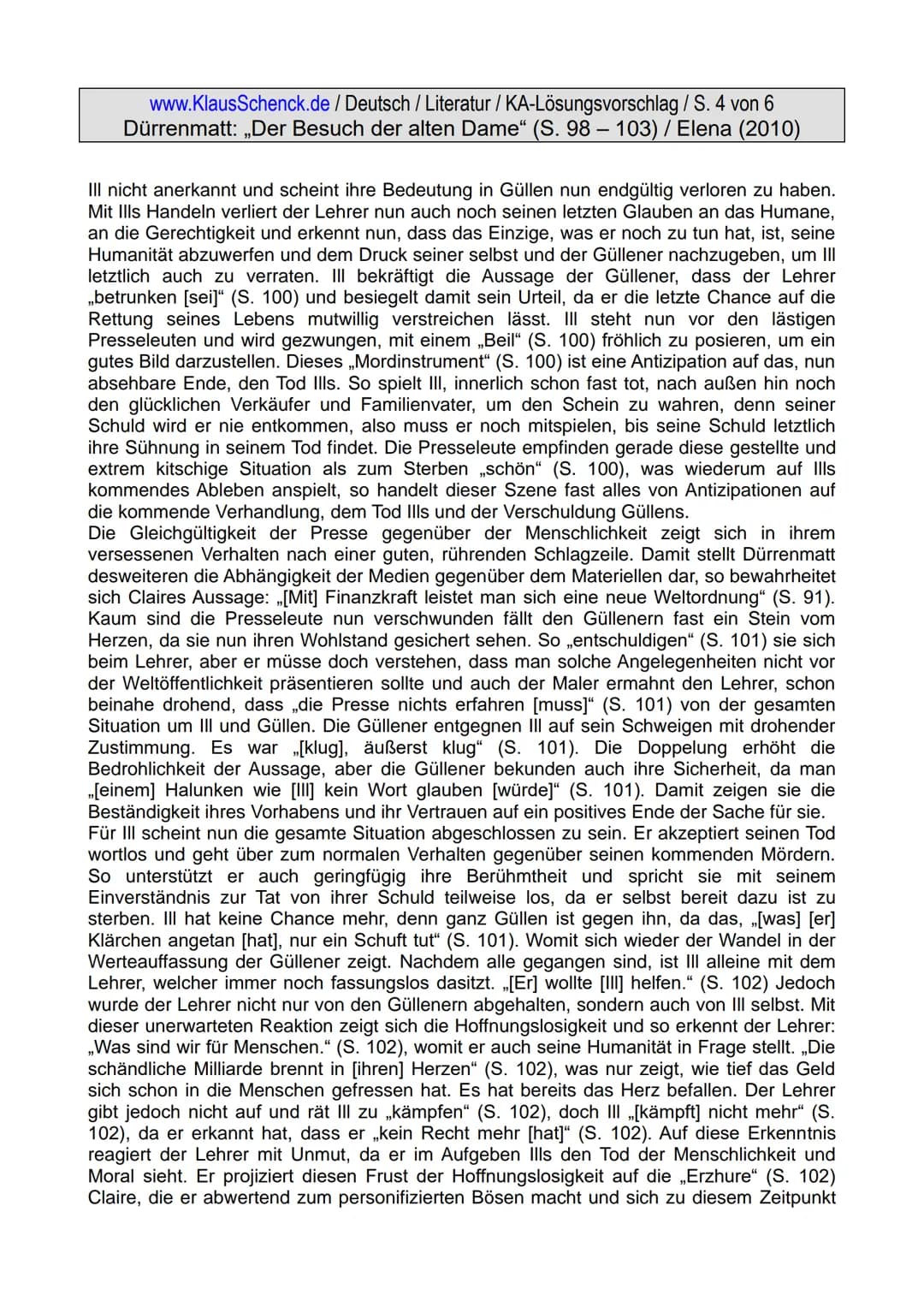 www.KlausSchenck.de / Deutsch / Literatur/KA-Lösungsvorschlag / S. 1 von 6
Dürrenmatt: ,,Der Besuch der alten Dame" (S. 98 – 103) / Elena (2