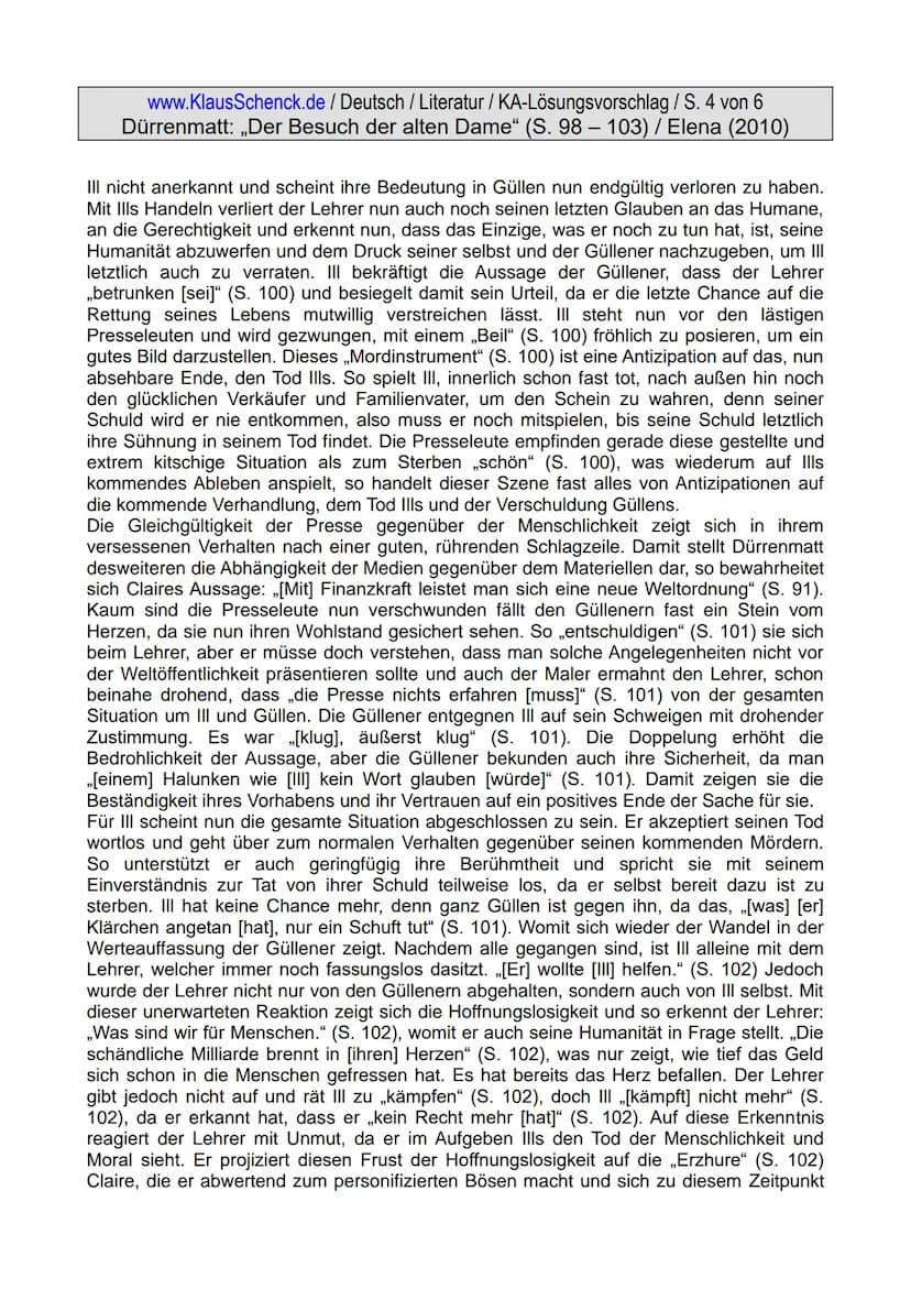 www.KlausSchenck.de / Deutsch / Literatur/KA-Lösungsvorschlag / S. 1 von 6
Dürrenmatt: ,,Der Besuch der alten Dame" (S. 98 – 103) / Elena (2