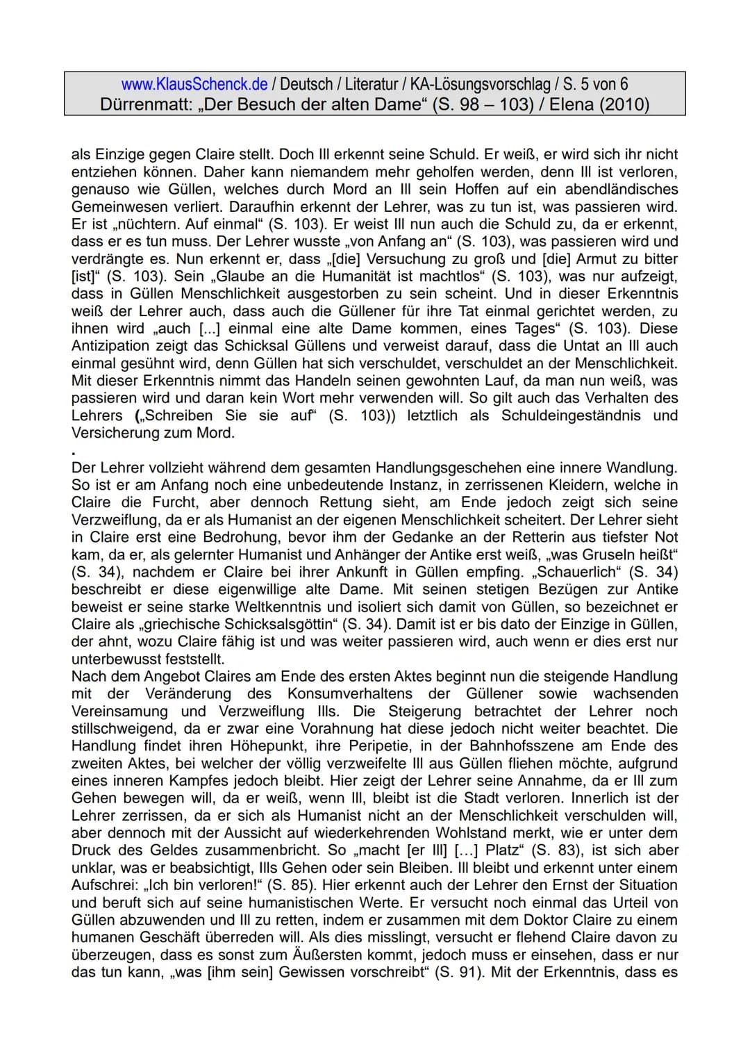 www.KlausSchenck.de / Deutsch / Literatur/KA-Lösungsvorschlag / S. 1 von 6
Dürrenmatt: ,,Der Besuch der alten Dame" (S. 98 – 103) / Elena (2