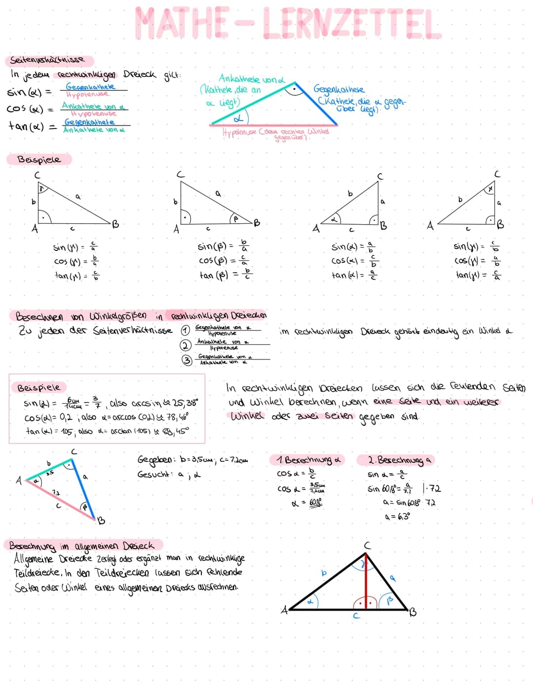 Seitenverhältnisse
In jedem rechtwinkligen Dreieck gilt:
Geçen katheke
sin (2) = Hypotenuse.
cos(x) =
tan(x)
Beispiele
с
b
Ankathele von a
H