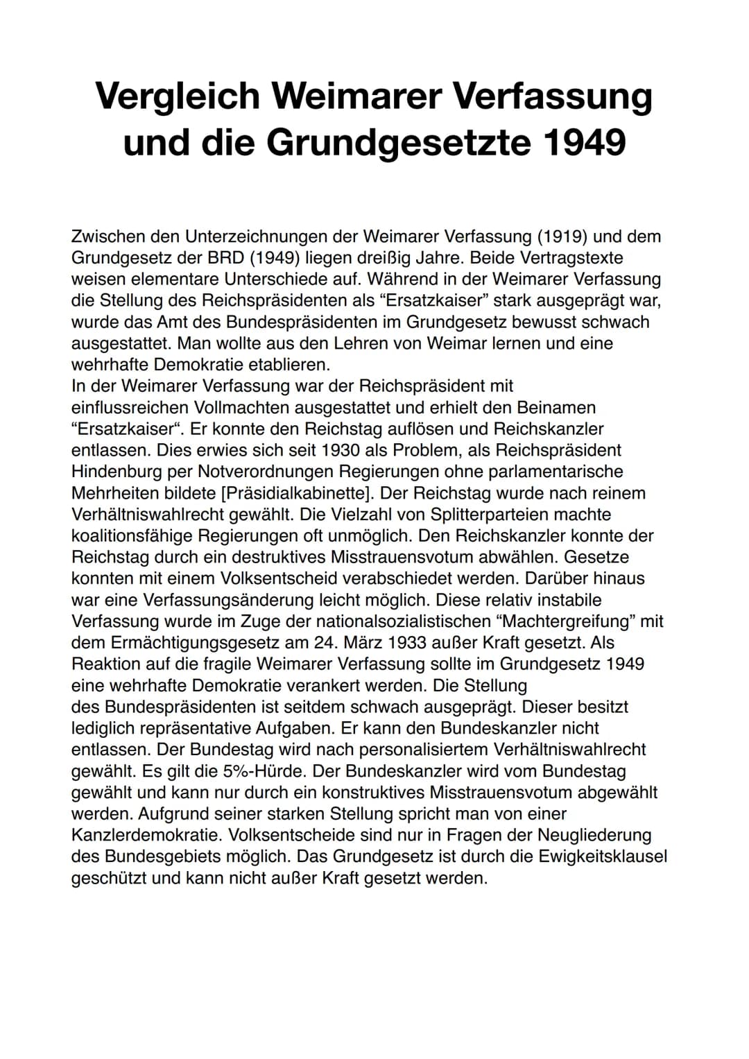 Vergleich Weimarer Verfassung
und die Grundgesetzte 1949
Zwischen den Unterzeichnungen der Weimarer Verfassung (1919) und dem
Grundgesetz de