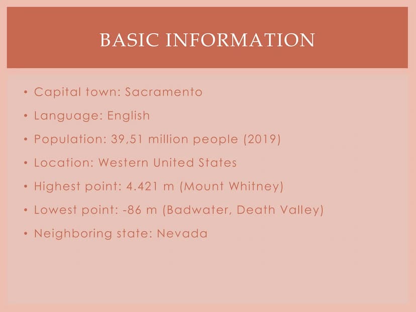 CALIFORNIA
Beatrice's English presentation Basic information
California on a map
The California flag
• Sights
●
●
TABLE OF CONTENTS
Hollywoo