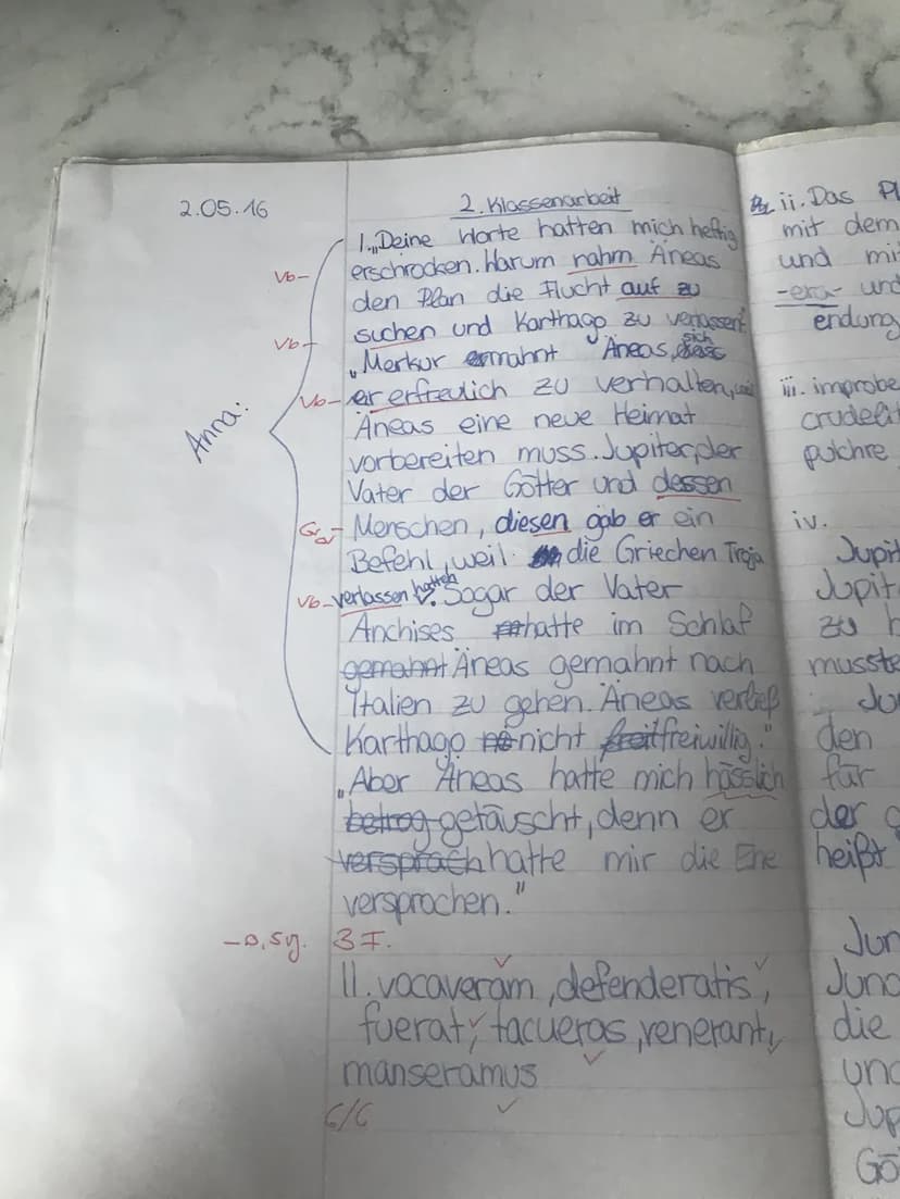 Lateinarbeit Nr. 5
1. Übersetze den Text in angemessenes Deutsch!
Dido erfährt ihrer Schwester Anna, dass Aeneas hinter ihrem Rücken seine
M