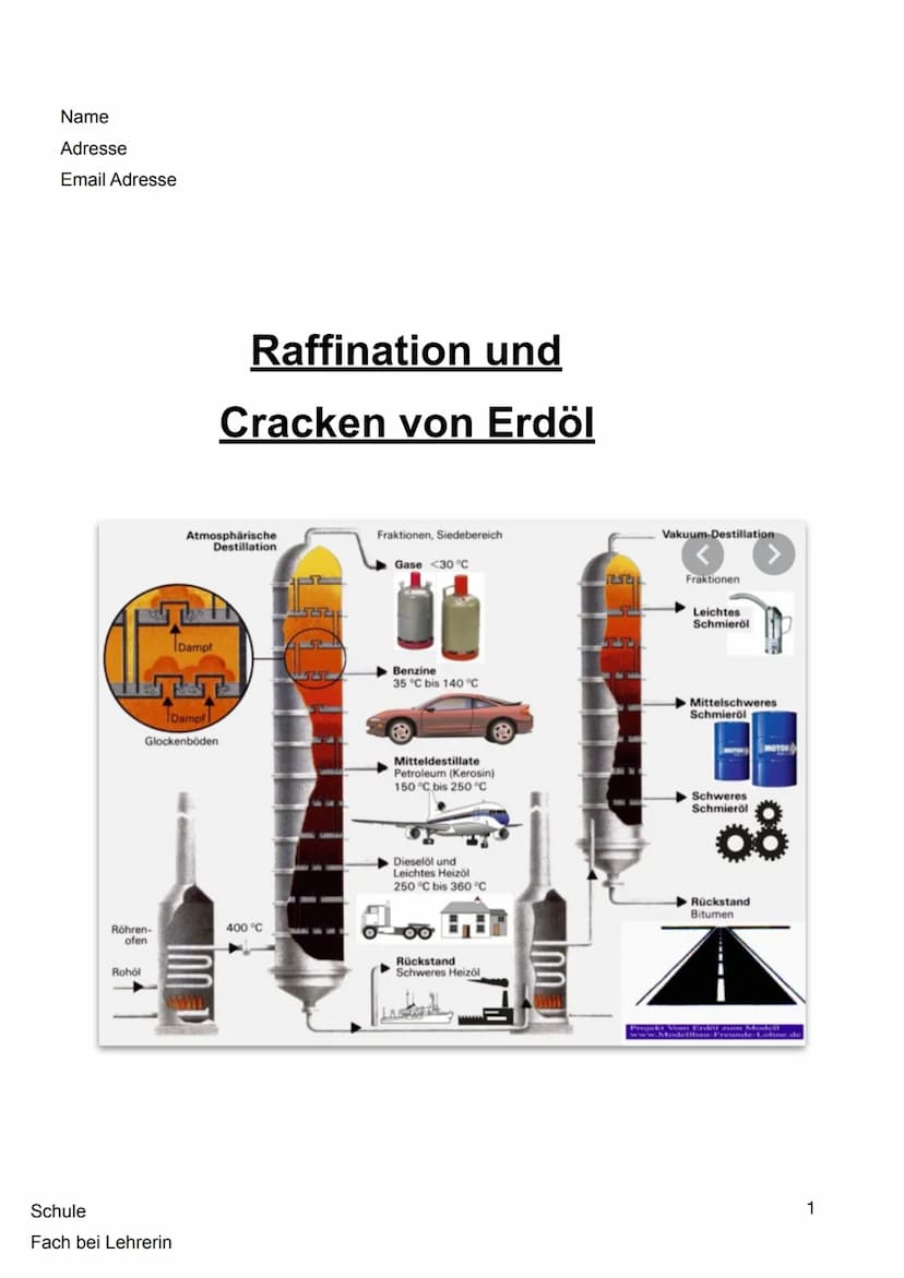 Raffination und Cracken von
Erdöl
Röhren-
ofen
Rohol
Atmosphärische
Destillation
Dampf
TT
Dampf
Glockenböden
400 °C
TT
Fraktionen, Siedebere