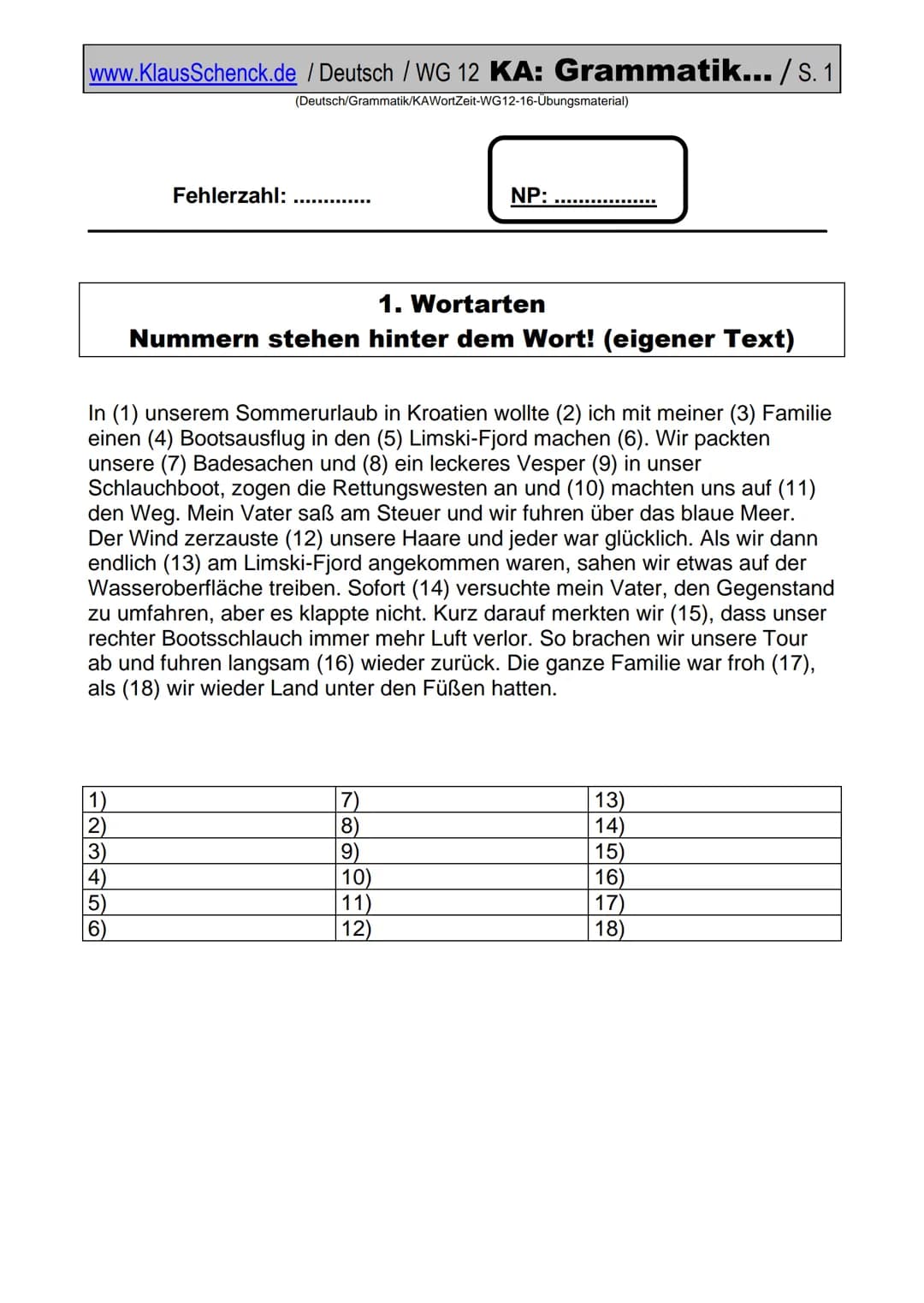 www.KlausSchenck.de / Deutsch / WG 12 KA: Grammatik... / S. 1
(Deutsch/Grammatik/KAWortZeit-WG12-16-Übungsmaterial)
Fehlerzahl:
1. Wortarten