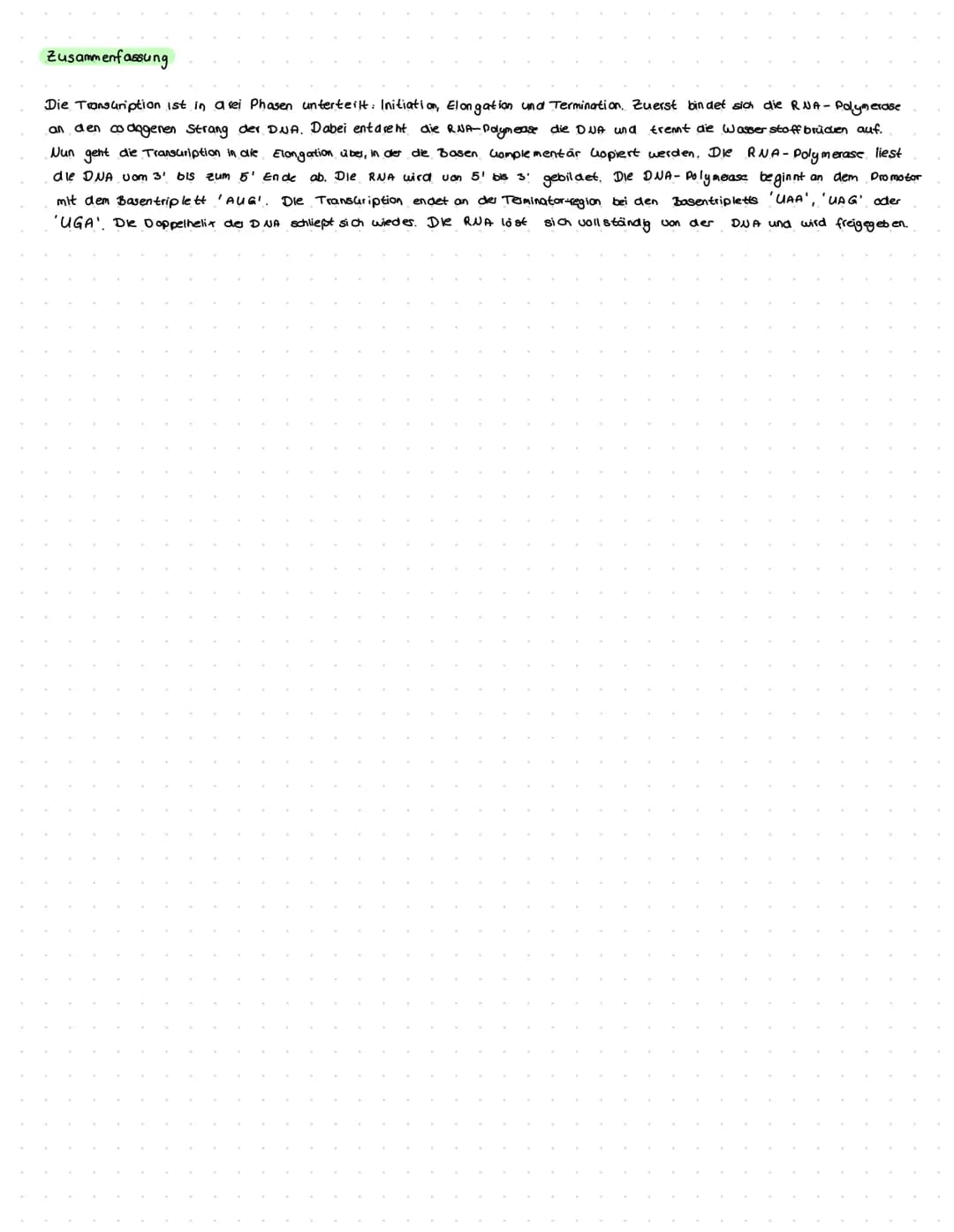 5'Endel
Transkription
Terminator
RNA-Polymerase
Termination
31 Ende
Initiation
→ RNA-Polymerase bindet sich an die DNA
- DNA entdreht sich u