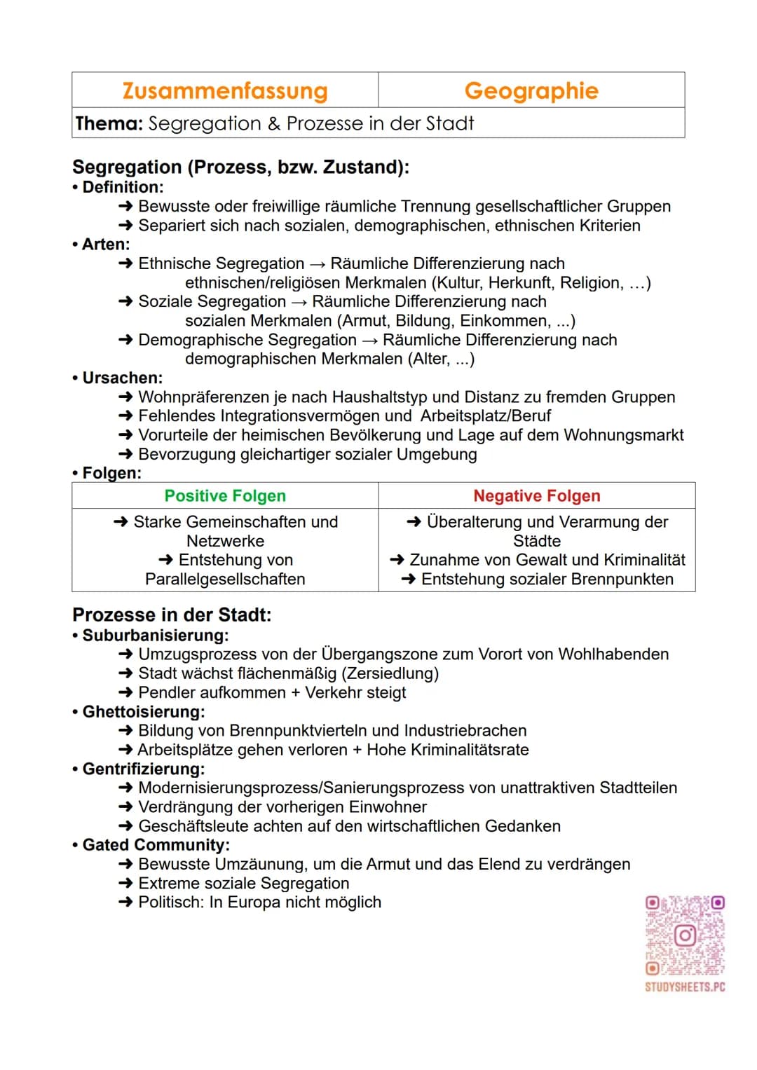 Zusammenfassung
Thema: Segregation & Prozesse in der Stadt
Segregation (Prozess, bzw. Zustand):
• Definition:
→ Bewusste oder freiwillige rä