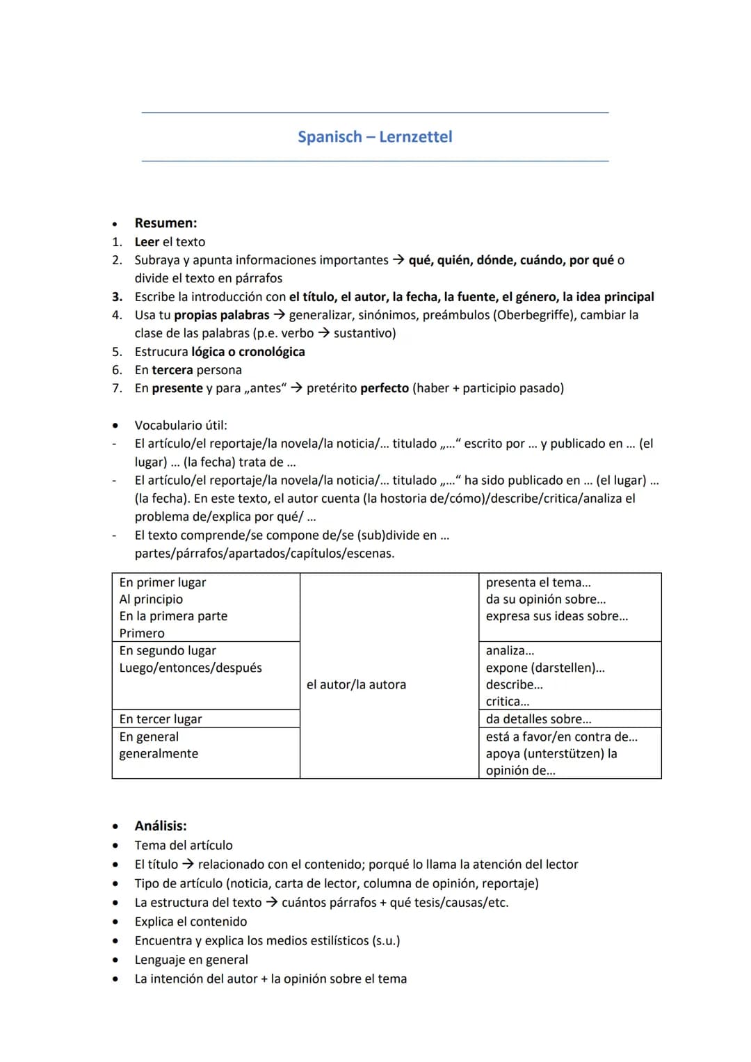 1.
2.
3.
4.
5. Estrucura lógica o cronológica
6. En tercera persona
7. En presente y para ,,antes" → pretérito perfecto (haber + participio 