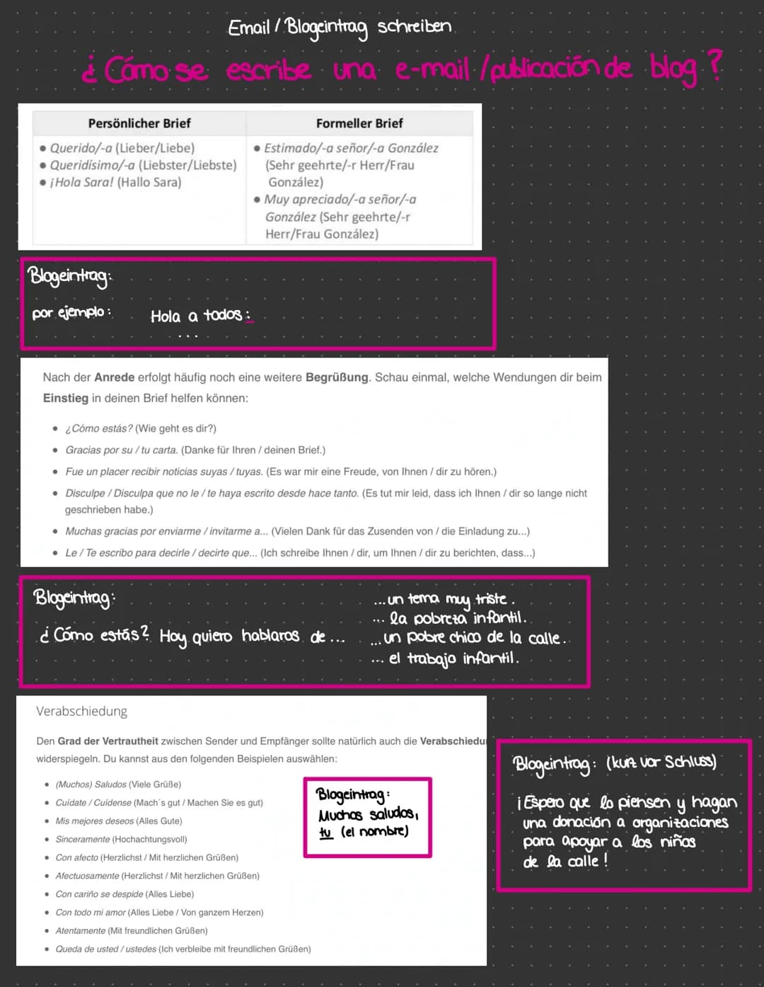 Email /Blogeintrag schreiben.
¿Cómo se escribe una e-mail /publicación de blog ?
Persönlicher Brief
• Querido/-a (Lieber/Liebe)
Queridísimo/