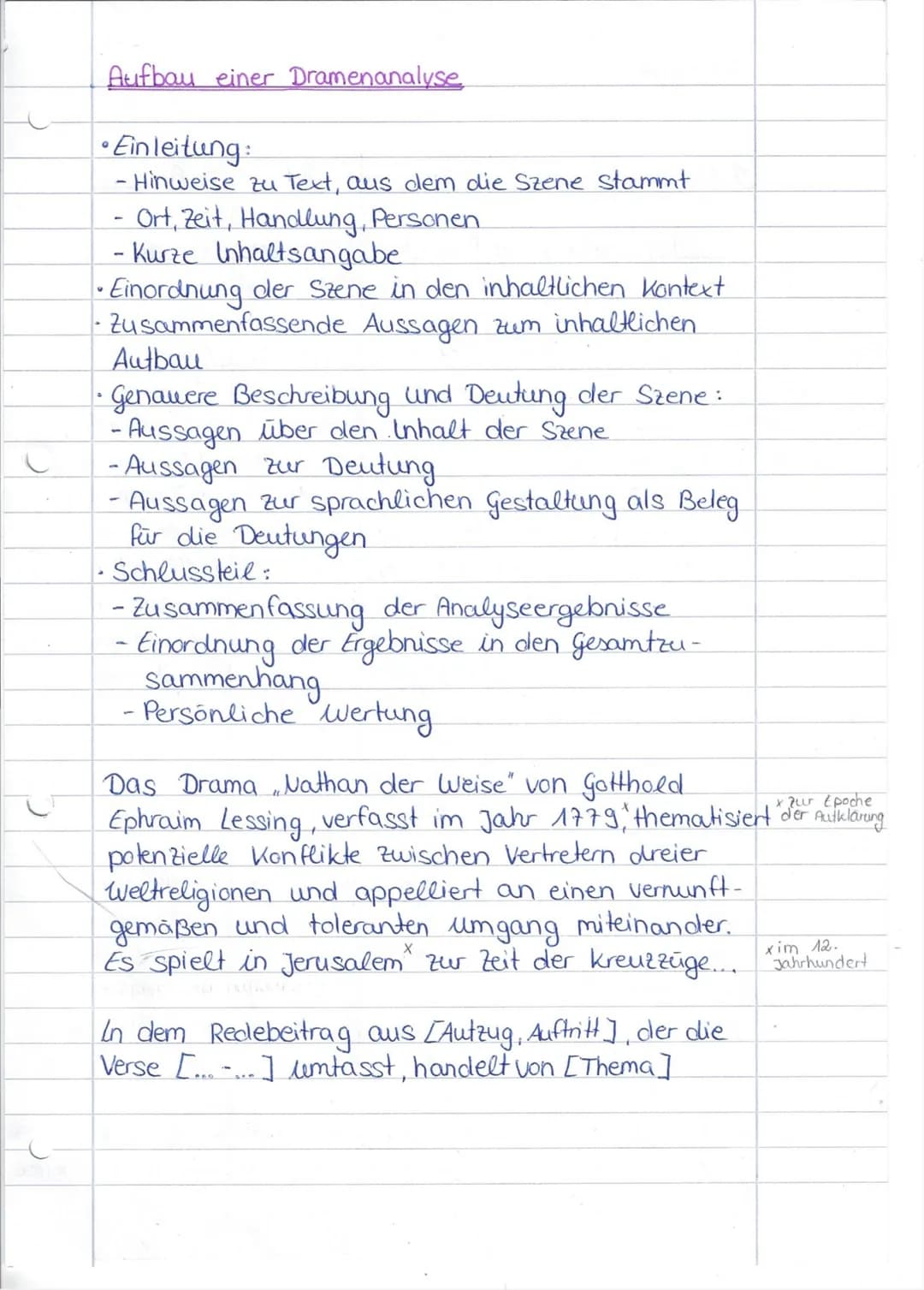 Aufbau einer Dramenanalyse
•Einleitung:
- Hinweise zu Text, aus dem die Szene stammt
- Ort, Zeit, Handlung, Personen.
- Kurze Inhaltsangabe
