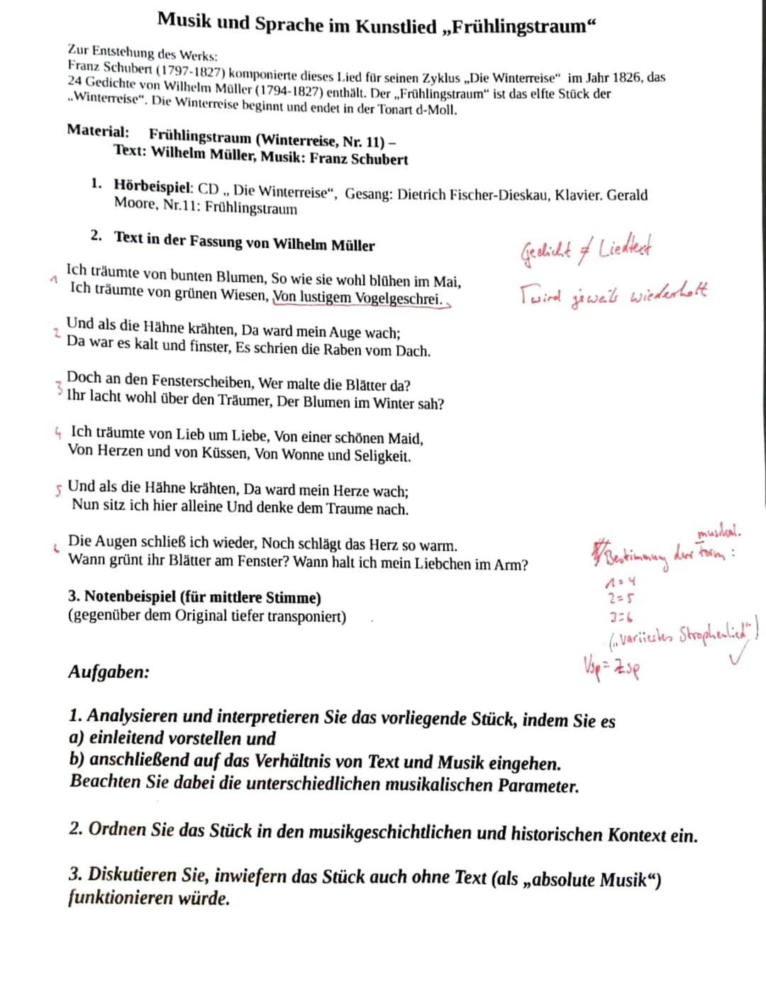 Musik und Sprache im Kunstlied „Frühlingstraum“
Zur Entstehung des Werks:
Franz Schubert (1797-1827) komponierte dieses Lied für seinen Zykl