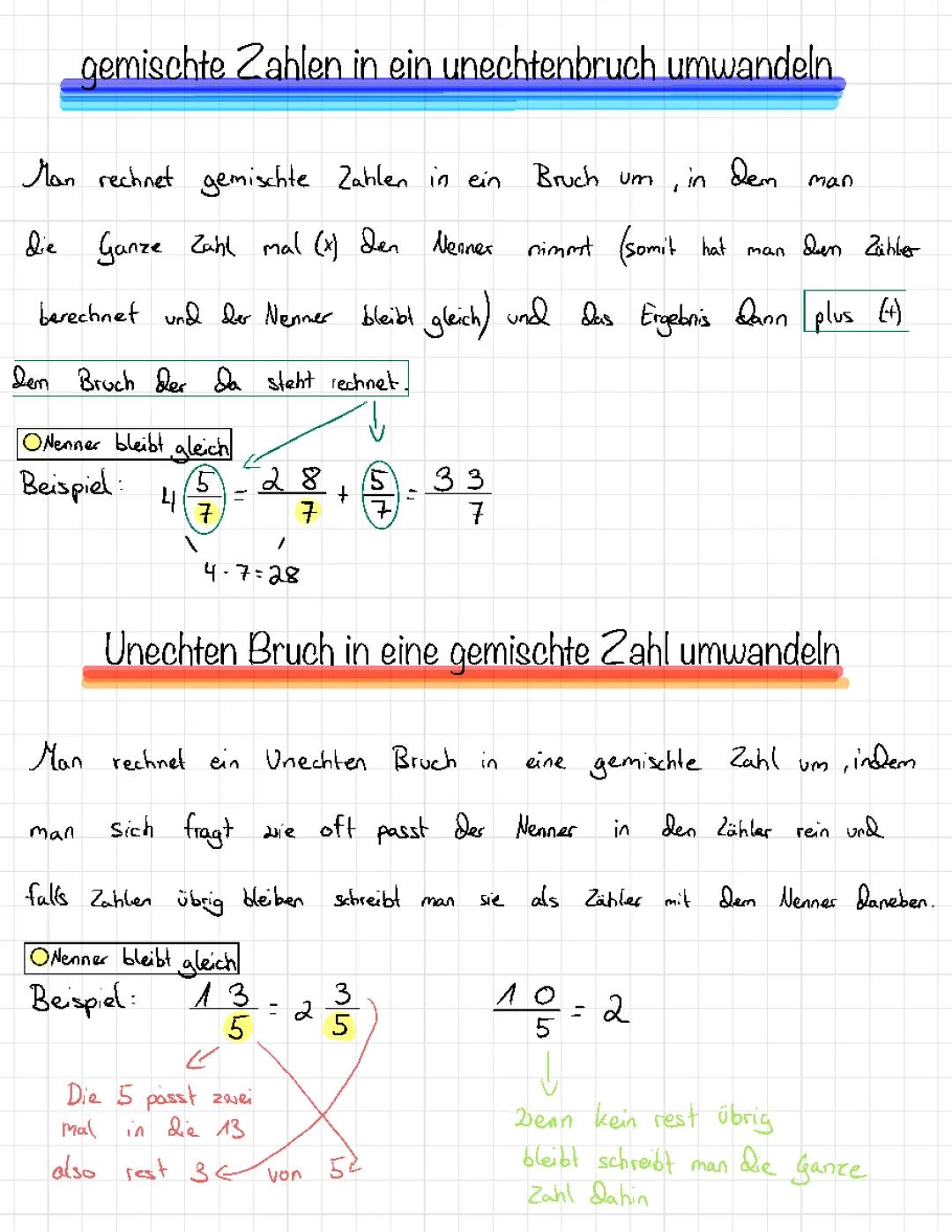 Gemischte Zahlen in Bruch umwandeln und Bruch in gemischte Zahlen umwandeln 