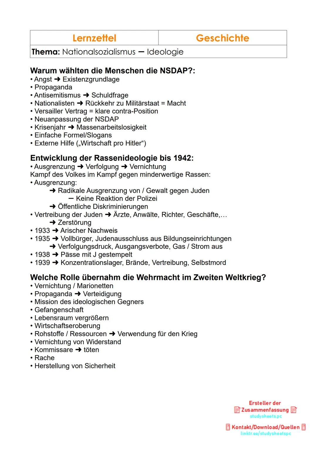 Lernzettel
Thema: Nationalsozialismus - Ideologie
Nationalsozialismus - Grundlagen der Ideologie:
➜ „Menschenrassen" → Kampf der „besseren R