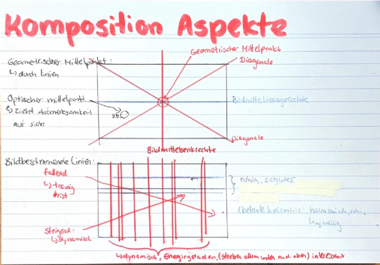 Komposition Aspekte
Geometrischer Mittelpunkt
Geometrischer Mittelpunkt:
↳ durch linjen
Diagonale
Optischer mittelpunti -
es zieht Aufmerksa