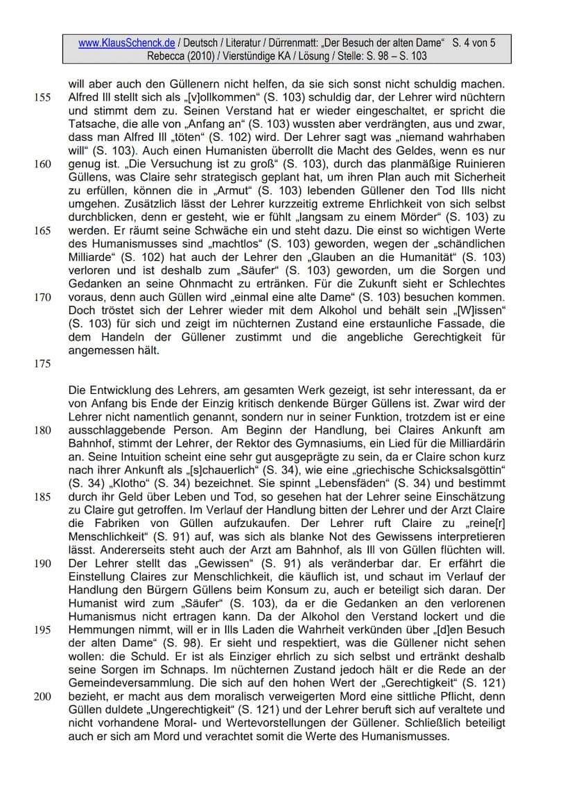 www.KlausSchenck.de / Deutsch / Literatur/KA-Lösungsvorschlag / S. 1 von 6
Dürrenmatt: ,,Der Besuch der alten Dame" (S. 98 – 103) / Elena (2