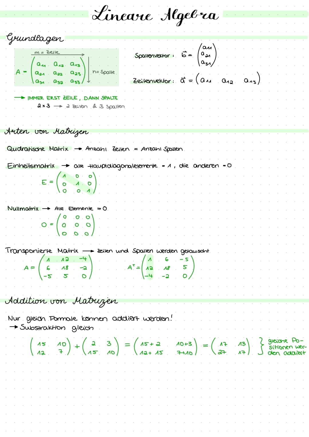 Mathe Grundlagen
m = Zeile
a^^ A12
a₂₁ aaa
031
A =
a32 933
IMMER ERST ZEILE, DANN SPALTE
2x32 Zeilen & 3 Spalten.
Arten von Matrizen.
E =
A1