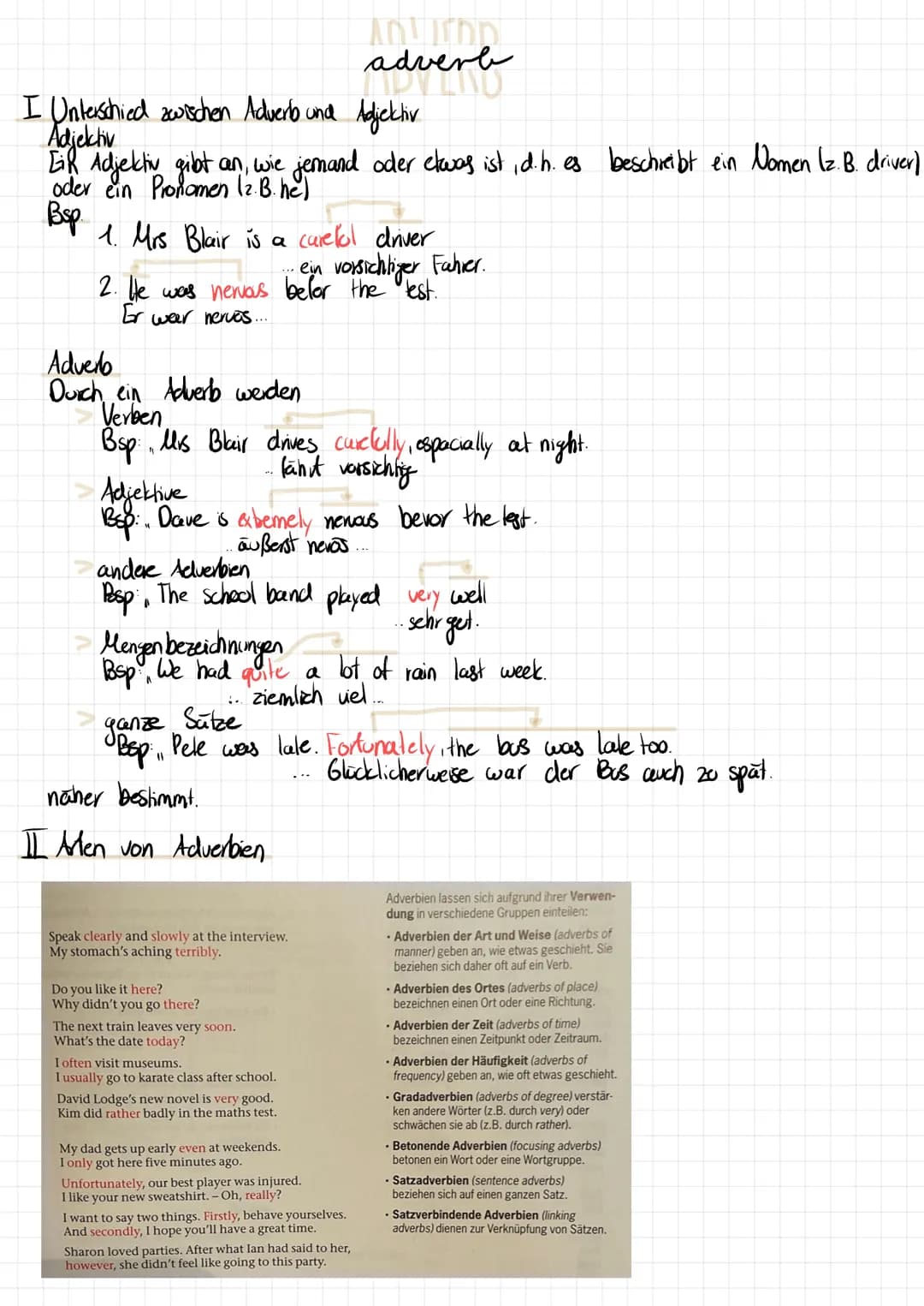 I Unterschied zwischen Adverb und Adjektiv
Adjektiv
EiR Adjektiv gibt an, wie jemand oder etwas ist, d.h. es beschreibt ein Nomen (z. B. dri