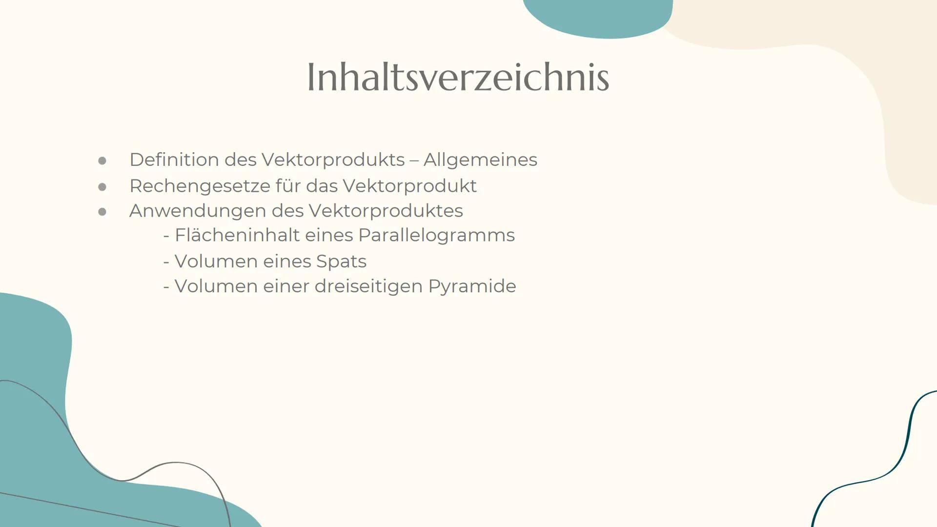# Vektorprodukt

Ariane MSS 12 M2 Inhaltsverzeichnis

- Definition des Vektorprodukts – Allgemeines
- Rechengesetze für das Vektorprodukt
- 