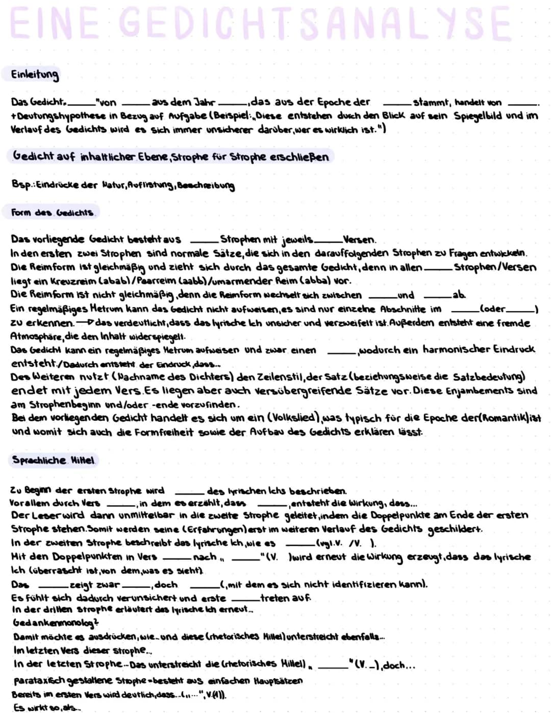 EINE GEDICHTSANALYSE
Einleitung
_"von
aus dem Jahr
das aus der Epoche der
-stammt, handelt von
Das Gedicht..
+ Deutungshypothese in Bezug au