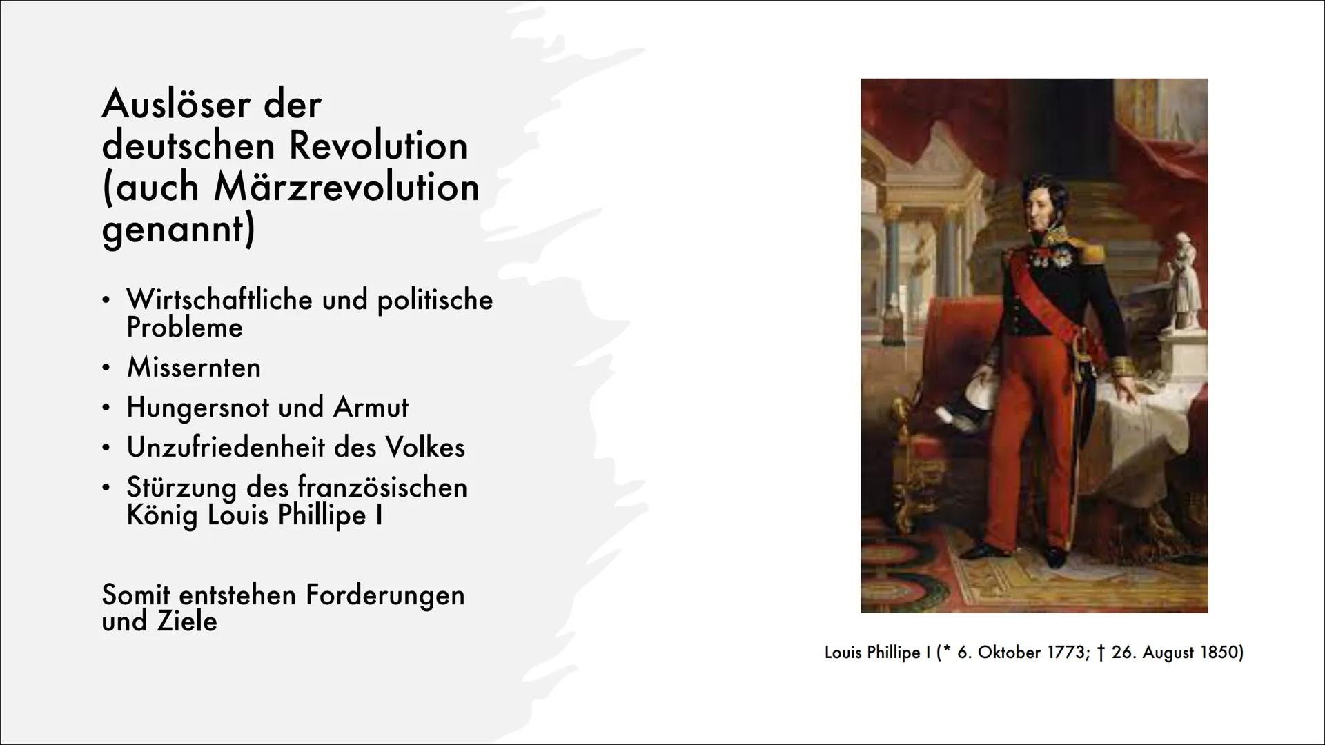 DIE DEUTSCHE
REVOLUTION
1848/49 Inhaltsverzeichnis
1. Auslöser der deutschen Revolution
2. Forderungen der Bürger
3. Verlauf
4. Folgen Auslö