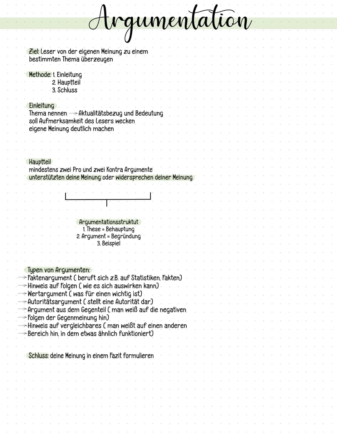 Argumentation
Ziel: Leser von der eigenen Meinung zu einem
bestimmten Thema überzeugen
Methode: 1. Einleitung
2. Hauptteil
3. Schluss
Einlei