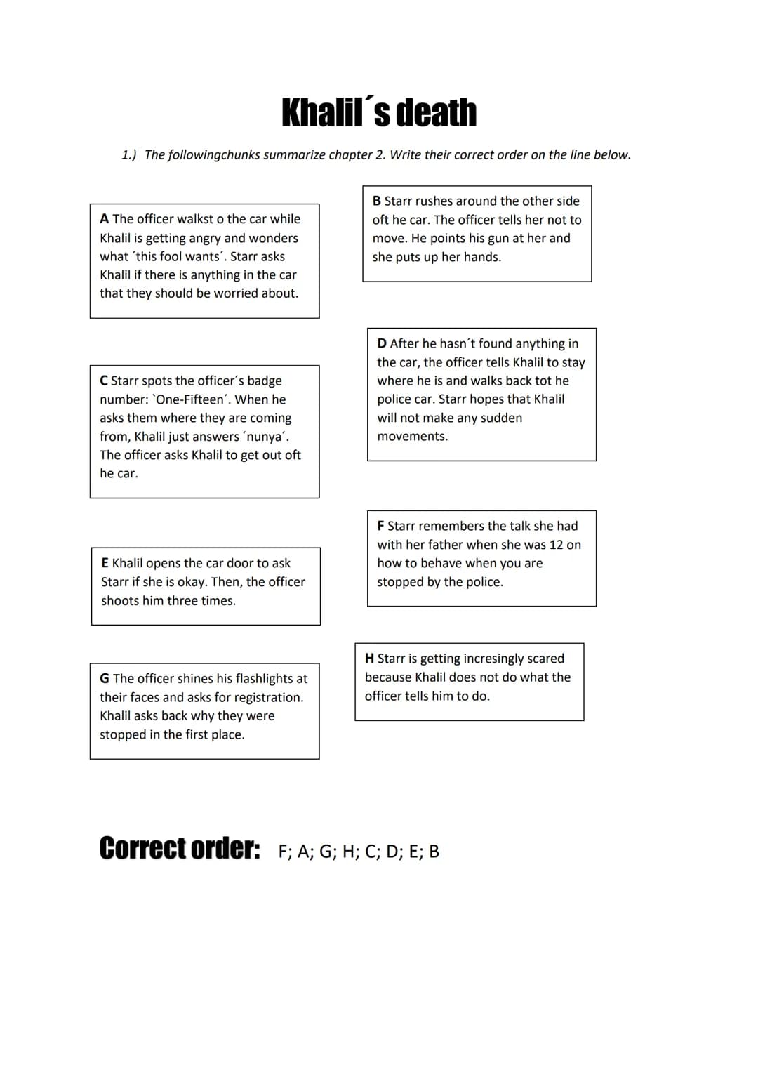 Khalil's death
1.) The followingchunks summarize chapter 2. Write their correct order on the line below.
A The officer walkst o the car whil