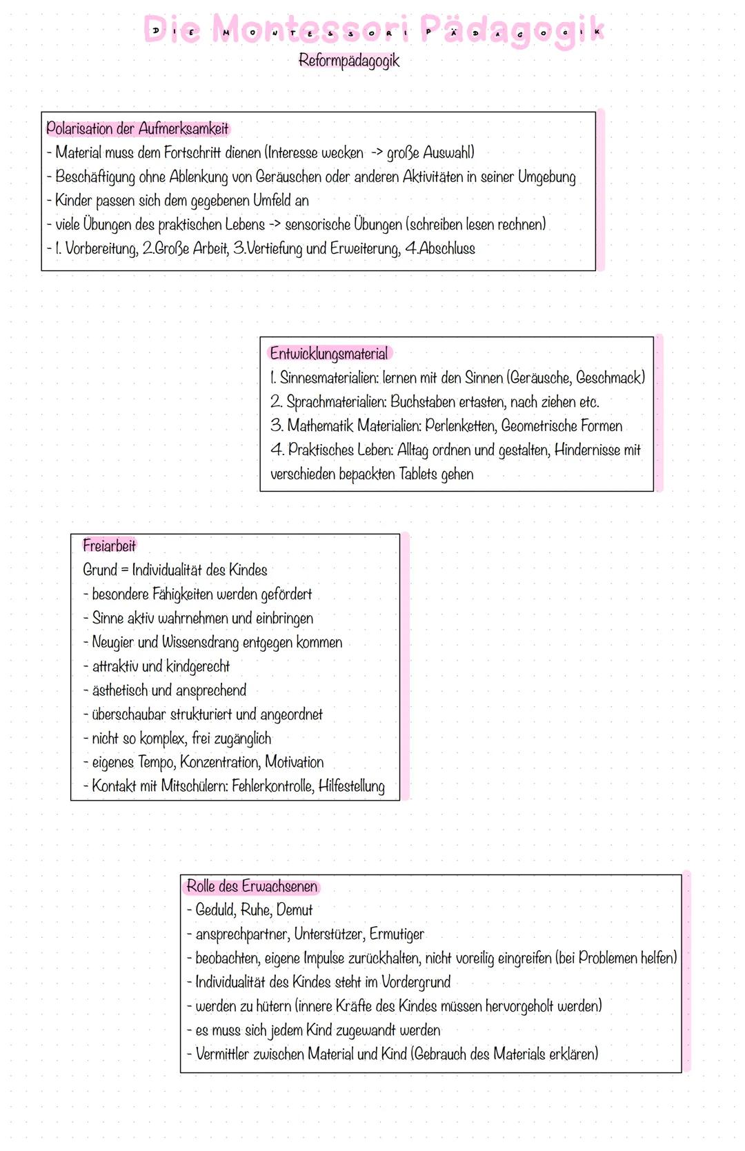 # Die Montessori Pädagogik
Reformpädagogik

Montessoripädagogik
- Bildungskonzept von Maria Montessori
- in Montessori Schulen angewandt
- d