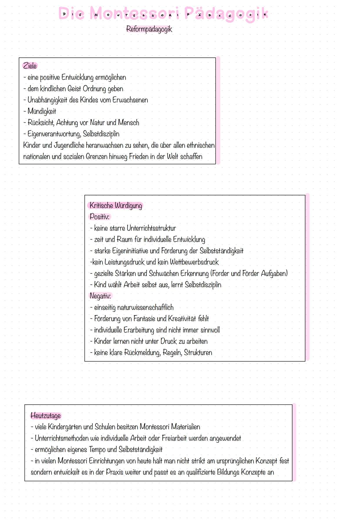 # Die Montessori Pädagogik
Reformpädagogik

Montessoripädagogik
- Bildungskonzept von Maria Montessori
- in Montessori Schulen angewandt
- d