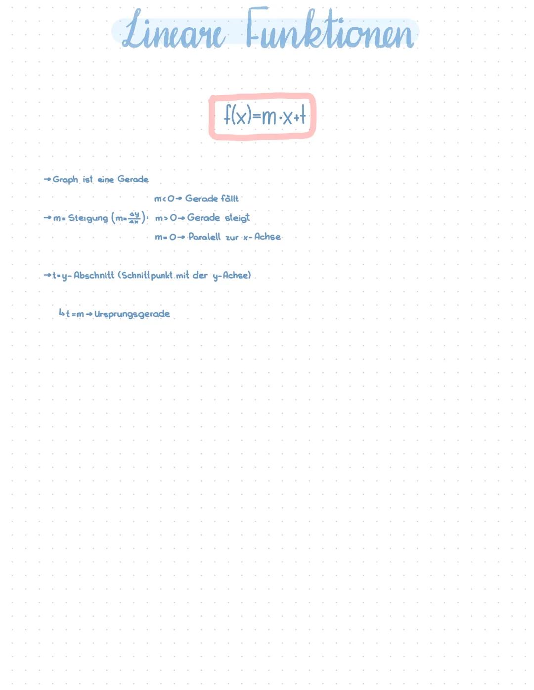 Lineare Funktionen
Zwei Geraden sind parallel, wenn
Leschneiden sich nicht
→Wenn m. nicht gleich ist, schneiden sich die Graphen.
Rechnung u