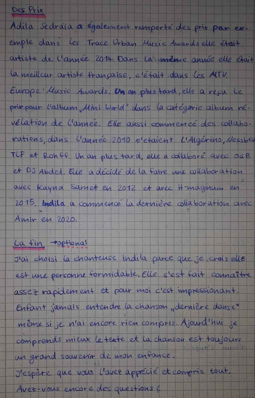 <h3 id="indilalachanteuse">Indila - La Chanteuse</h3>
<p>Indila, également connue sous le nom d'artiste Adila Sedraïa, est une chanteuse fra