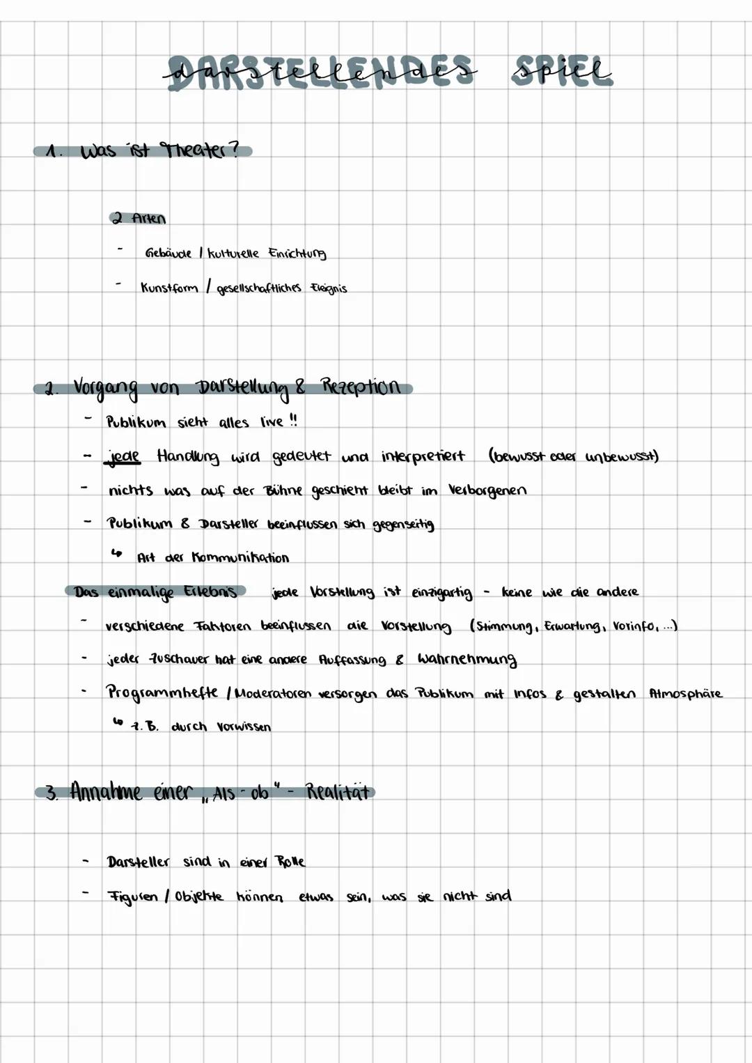 # DARSTELLENDES SPIEL

1. Was ist Theater?

2 Arten

- Gebäude / kulturelle Enrichtung
- Kunstform/gesellschaftliches Ereignis

2. Vorgang v