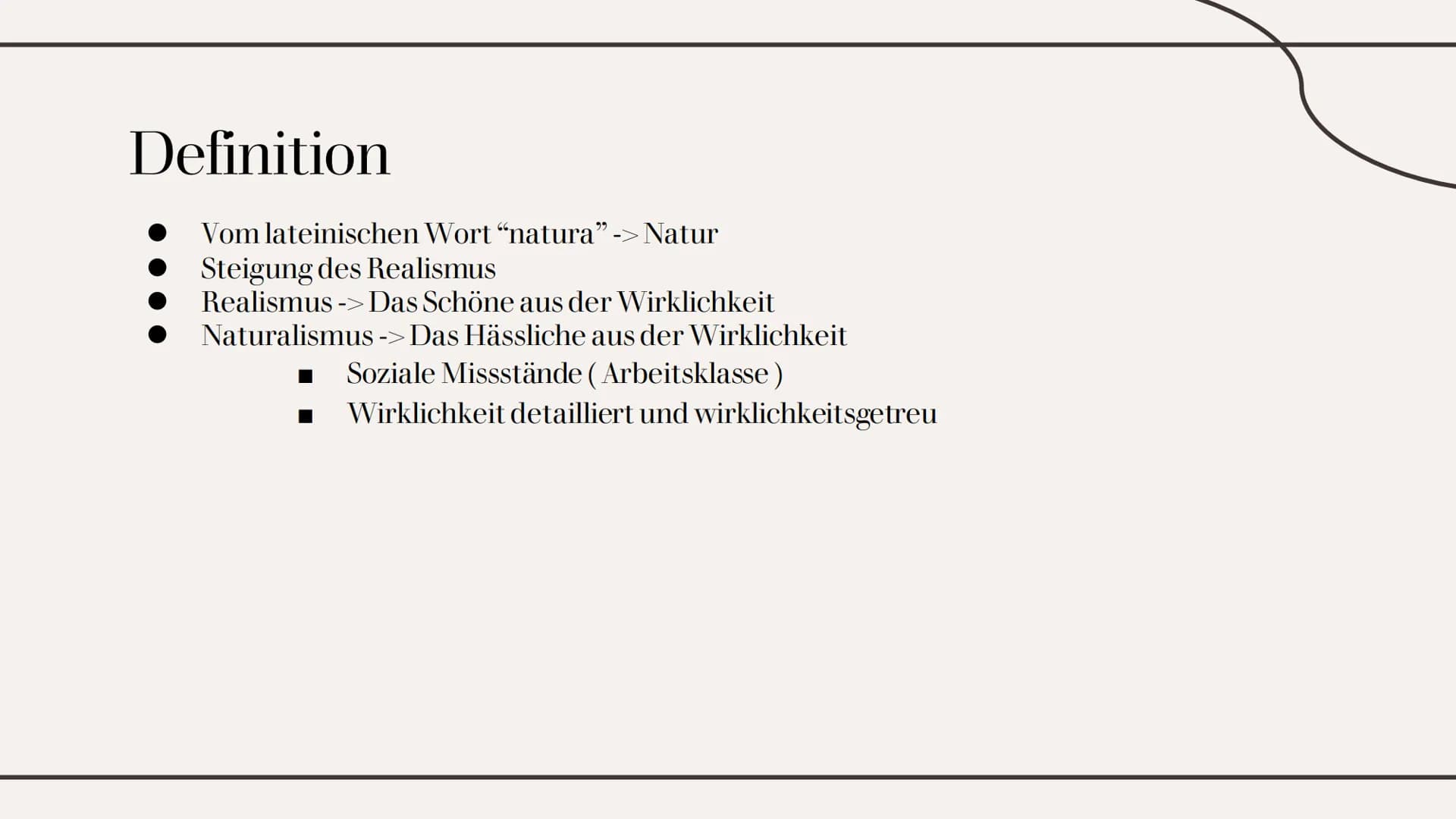 Naturalismus
Eine Epoche aus dem 19. Jahrhundert Inhaltsverzeichnis
01
Einleitung
Definition über die Epoche, was
versteht man überhaupt dar