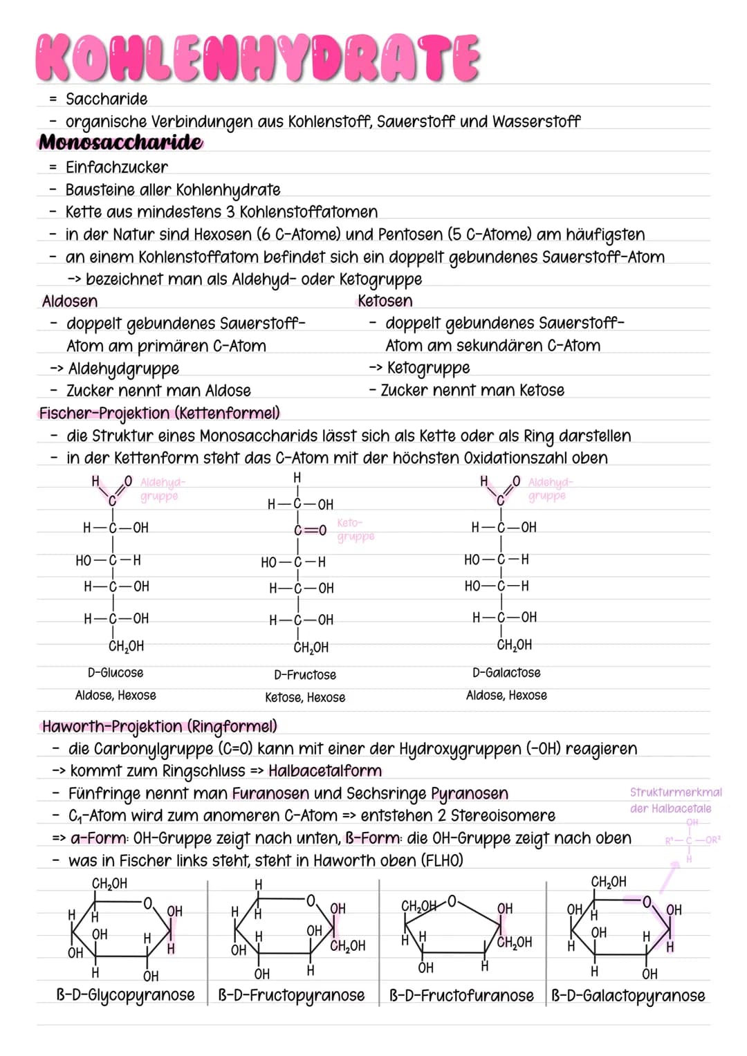 KOHLENHYDRATE
= Saccharide
organische Verbindungen aus Kohlenstoff, Sauerstoff und Wasserstoff
Monosaccharide
= Einfachzucker
in der Natur s