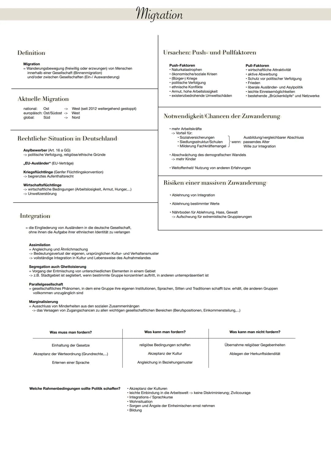 Definition
Migration
= Wanderungsbewegung (freiwillig oder erzwungen) von Menschen
innerhalb einer Gesellschaft (Binnenmigration)
und/oder z