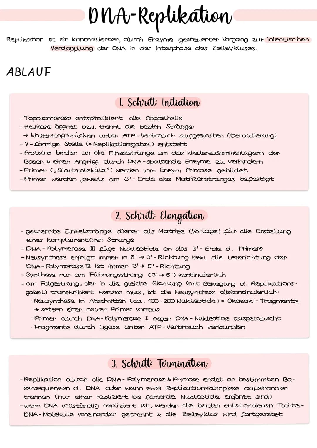 
<p>Die DNA-Replikation ist ein kontrollierter und durch Enzyme gesteuerter Vorgang, der zur identischen Verdopplung der DNA in der Interpha