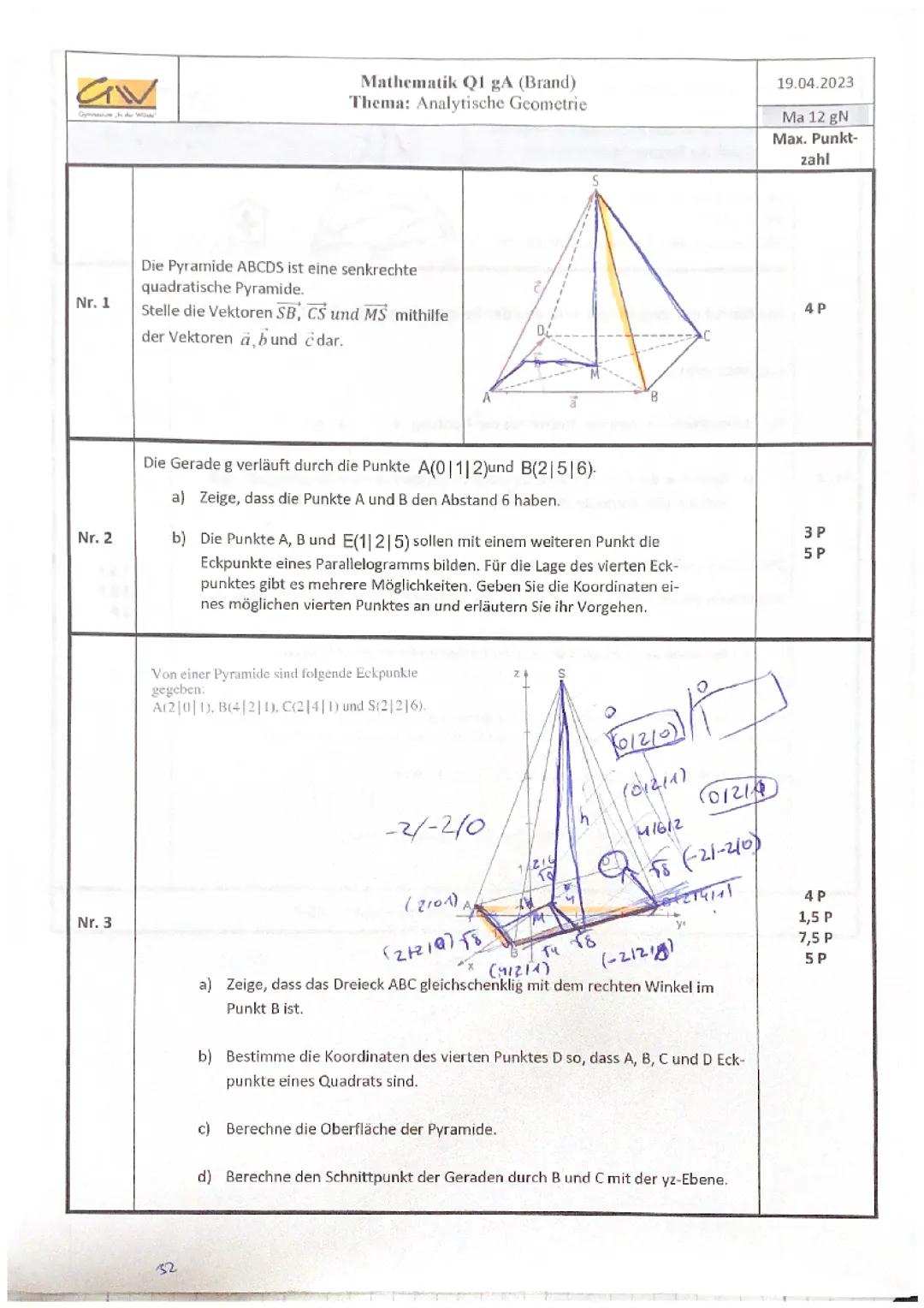 Analytische Geometrie Klausur Mathematik 12. Klasse
